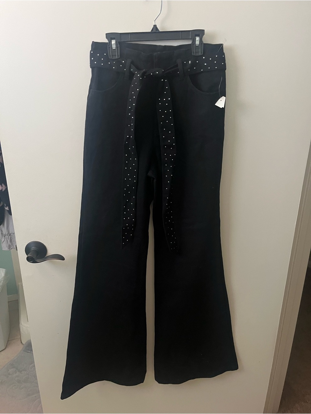Flare leg Pants with Rhinestone Tie Belt